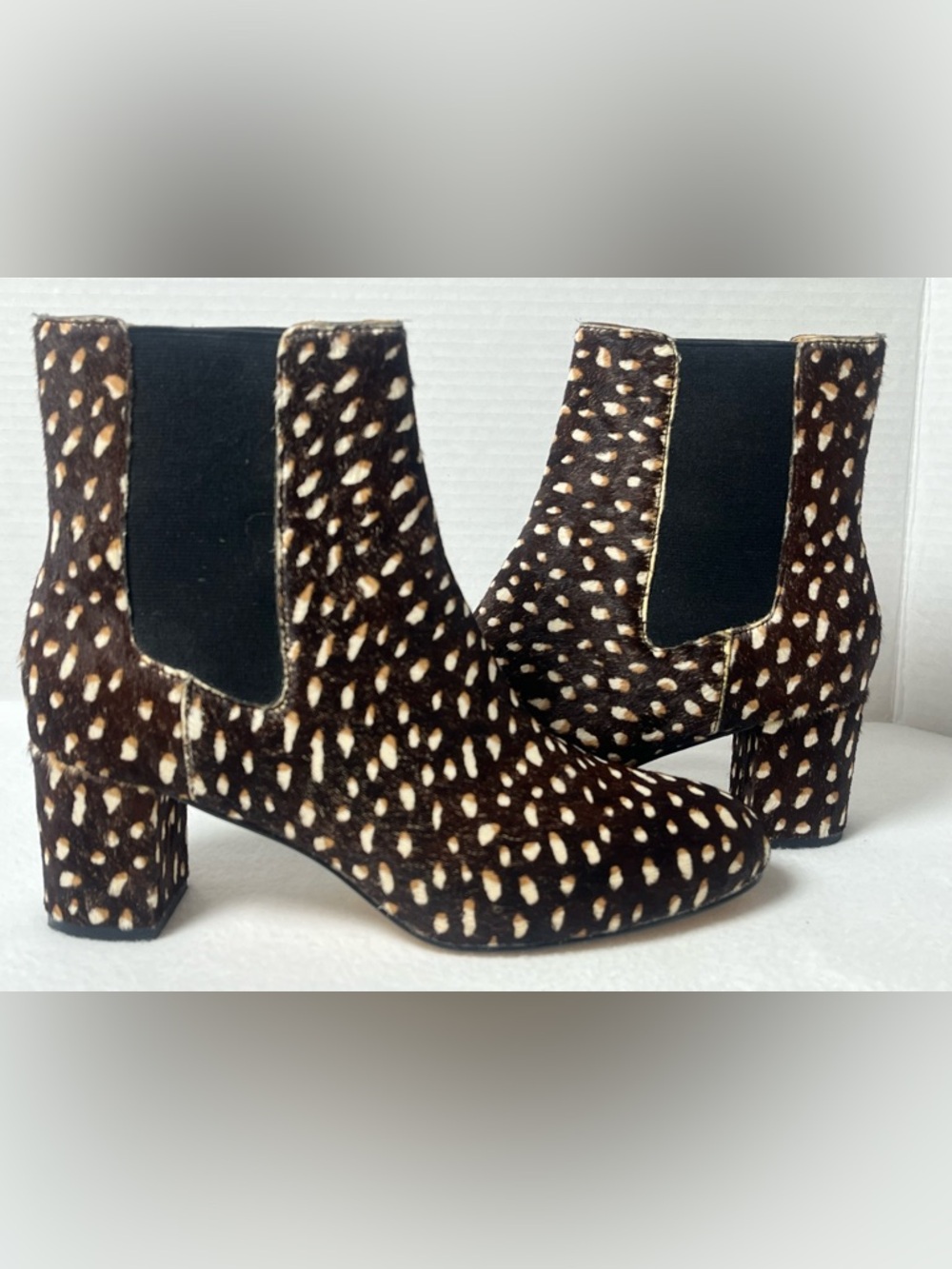 J.Crew Women Brown Leather Calf Hair Fur Spotted Pull-On Chelsea Ankle Boots 7